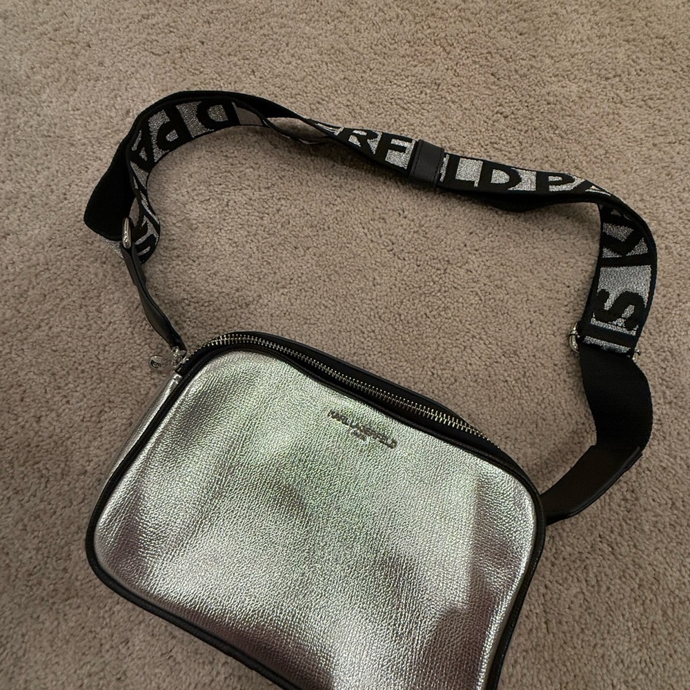Karl Lagerfeld Metallic Silver Crossbody Bag with Logo Guitar Strap
